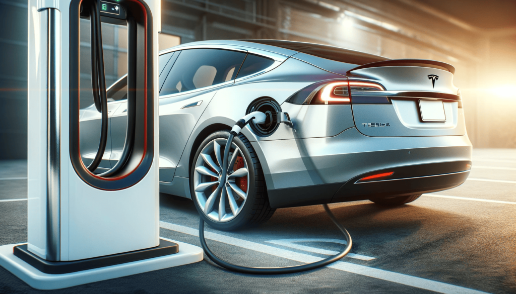 Modern electric car, similar to a Tesla, connected to a charging station, with the charging port correctly located near the rear tail light on the driver's side, emphasizing ease and practicality of electric vehicle charging."